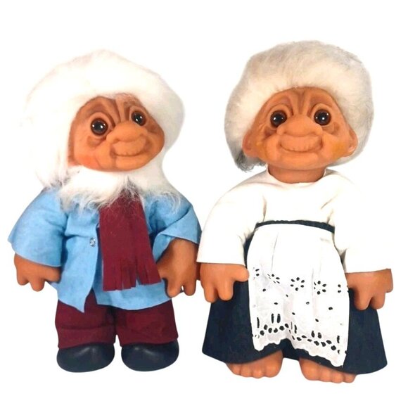 Vintage 1977 Large 14" Thomas Dam Denmark Grandma Grandpa Trolls Set Of 2 1970s - Picture 2 of 10